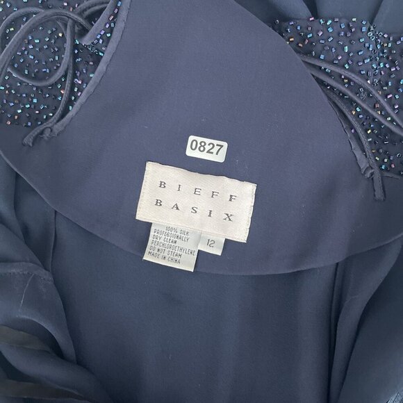 Y2K Bieff Basix Silk V-Neck Beaded Sleeveless Cocktail Dress Navy Blue Womens 12 - Picture 6 of 10